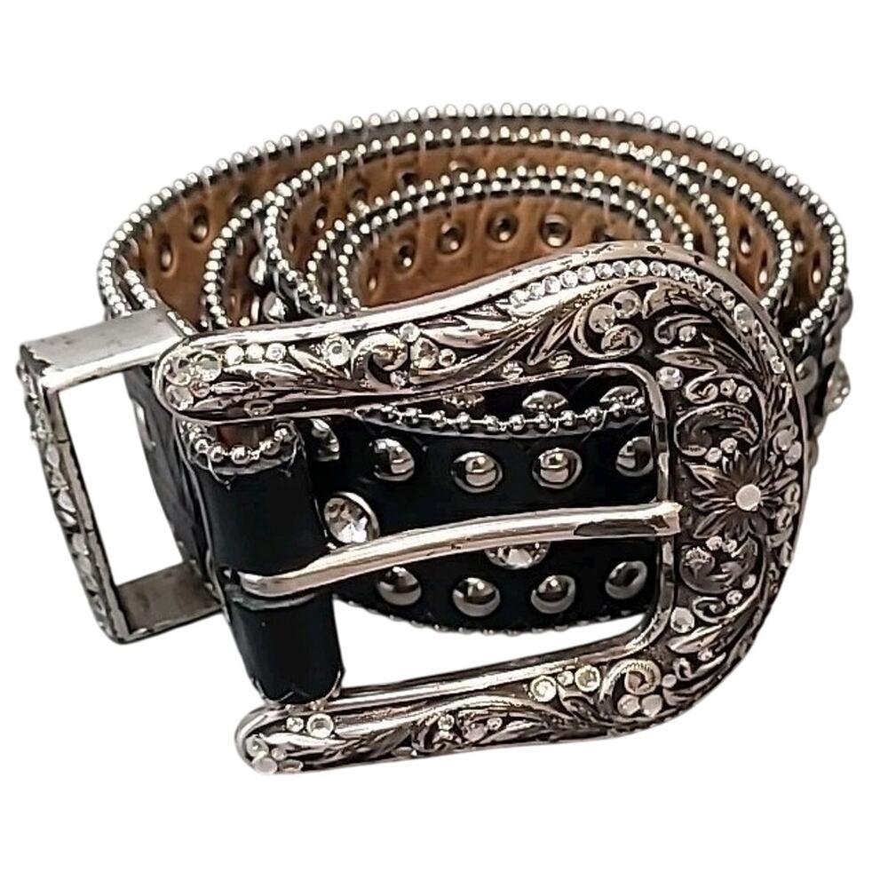 Nocona Genuine Leather Black Womens Belt Silver Tone Buckle & Rhinestones Large
